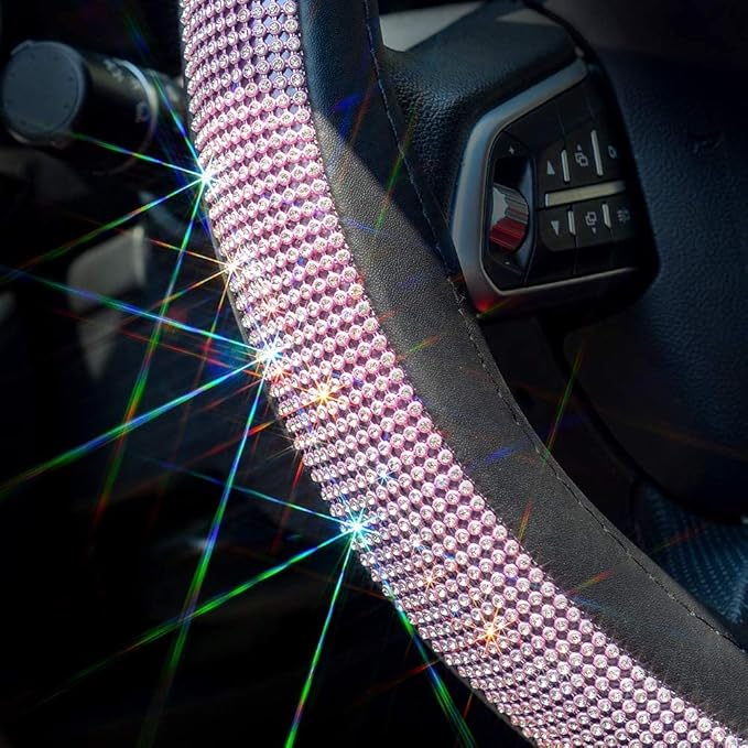 New Diamond Leather Steering Wheel Cover with Bling Bling Crystal Rhinestones, Universal Fit 15 Inch Car Wheel Protector for Women Girls,Pink & White Diamond