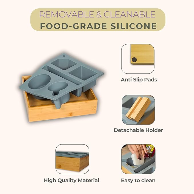 Couch Cup Holder Tray, Versatile Silicone Bamboo Caddy With Adjustable Phone Holder for Bed, Car Seat Organizer and Sofa Waterproof Anti-spill Cup Holder for Snack,Remotes and Drinks (Grey)
