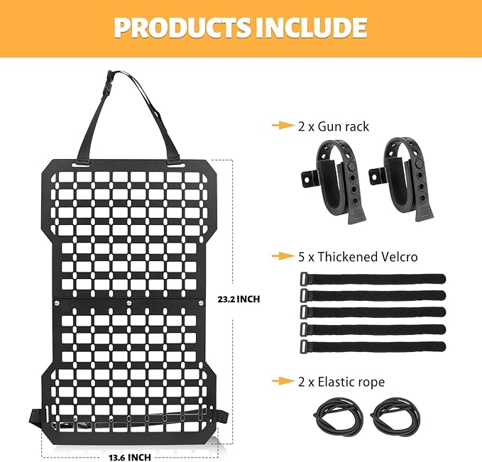 MAIKER Rigid Molle Panels For Vehicles Truck Mount Rack Tactical Seat Back Organizer Versatile Panel with Gun Rack Mount & Hook and Loop Fasteners & Elastic Rope for Storage Gears Accessories, Black