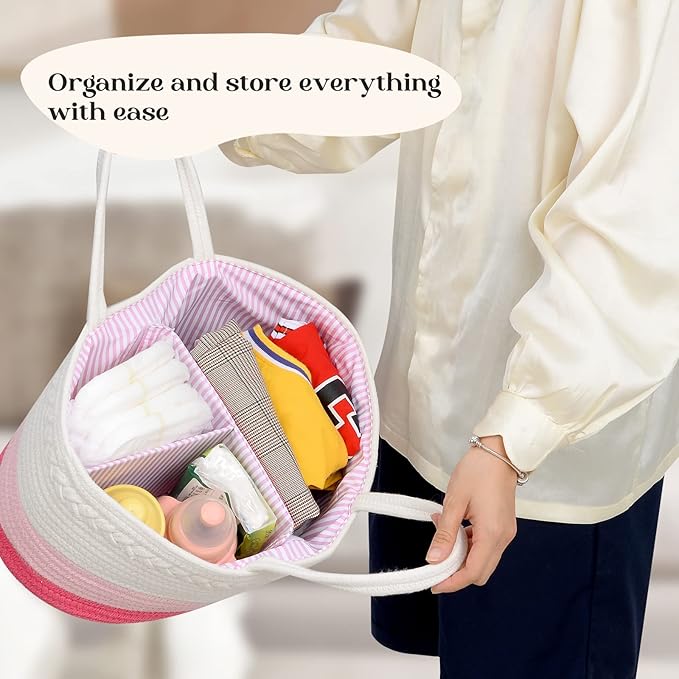 luxury little Diaper Caddy Organizer, Large Cotton Rope Nursery Baby Basket, Changing Table Organizer for Baby Diaper Storage, Portable Car Organizer Removable Divider (Pink, Large)