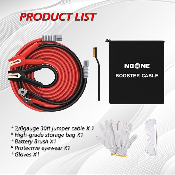 NOONE 2/0 Gauge 30 FT Heavy Duty Jumper Cables - 1500Amp Quick Connect Automotive Booster Jumper Cables for Car, SUV and Truck Battery - Jumper Cables Kit with Gloves, Goggles, Brushes in Carry Bag