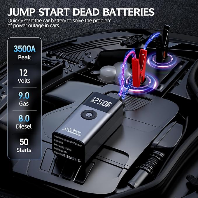 10-in-1 Jump Starter with Air Compressor, 3500A 150PSI Portable 12V Jump Box Car Battery (9 Gas/8 L Diesel), with Auto-Shutoff Tire Inflator, Power Bank, LED Lights, Large LCD Display