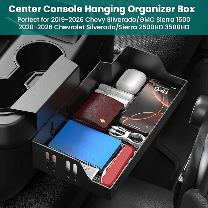 All-Metal Center Console Hanging Organizer Tray Compatible with 2019-2026 Chevy Silverado/GMC Sierra 1500 & 2020-2026 Chevrolet Silverado/Sierra 2500HD 3500HD Storage Accessories (Jump Seat Only）