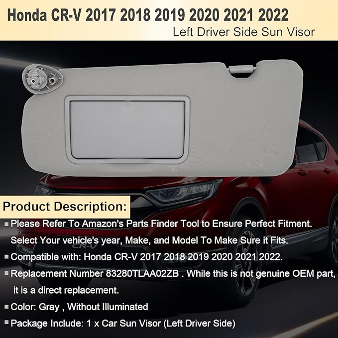 NHILES Driver Left Side Sun Visor Replacement Fits for Honda CR-V 2017-2022 Sunshade Without Light 83280TLAA02ZB Color: Gray