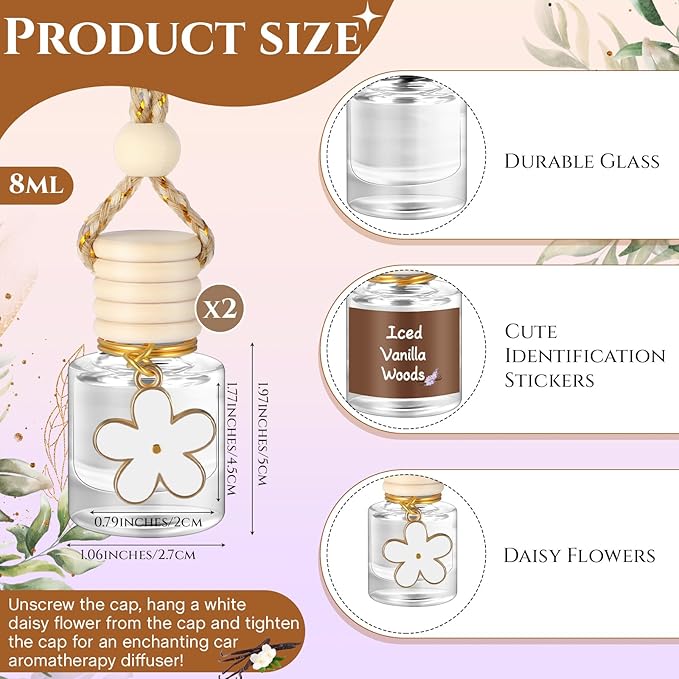 Siifert 2 Sets Hanging Car Air Freshener and Essential Oil Diffuser, Car Air Freshener Daisy Essential Oil Diffuser Long Lasting Automobile Aromatherapy(White,Iced Vanilla Woods)