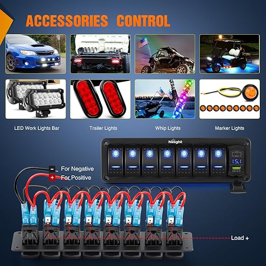 Nilight 7 Gang Rocker Switch Panel with PD Type C and USB Charger Voltmeter 12V SPST ON Off Toggle Switches with Blue Backlit Waterproof Aluminum for Boats Cars RVs Trucks