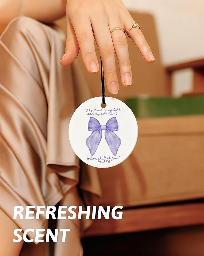 Purple Christian Round Car Air Freshener 4 Pcs, Coquette Pouple Bow Religious Hanging Air Freshener for Cars Closet Drawer Books, Christian Girly Car Accessories Mirror Decor for Women