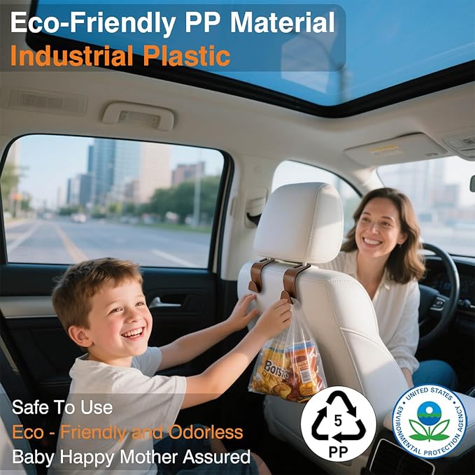Car Seat Hooks & Purse Holder - 4 Pack Boxed,55 lb Heavy Duty,Eco PP Car Hooks for Purse/Bag/Baby Gear/Gym Bag/Groceries/Cup/,Fits 0.32-0.55”Car Headrest Rods (Brown-2)