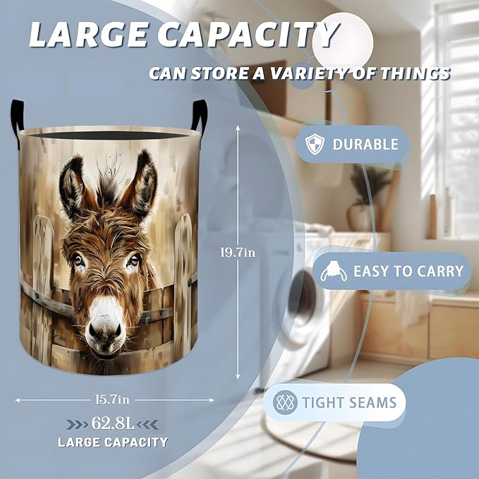 Brown Donkey Wooden Fence Laundry Basket with Handles, 19.7"x15.7" Clothes Foldable Laundry Hamper Organizer for Dorm Nursery Bedroom Bathroom Decor, Toy Storage Bin for Kids