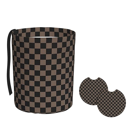 Car Trash Bag Chessboard Brown Hanging Back of Seat Car Portable Trash Bag Chessboard Brown Waterproof One-Handed Portable Strap Drawstring Garbage Bags 2 Pieces Car Coasters