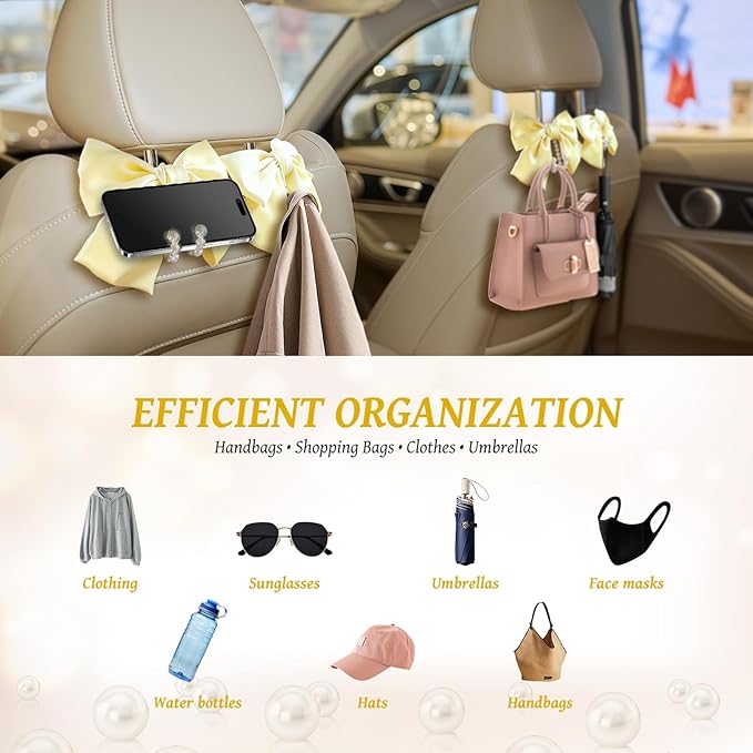 2 PCS Bow Pearl Car Seat Headrest Hook – Cute Purse Hook for Car, Girly Interior Decoration Accessories Hook Hanger, Seatback Holder for Purses & Bags, Elegant Car Organizer (Pearl White)