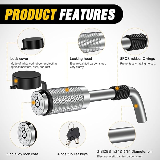Nilight Trailer Hitch Lock Pin 1/2" & 5/8" Locking Receiver Hitch Pin Keyed Unique Weatherproof Anti-Theft Lockable Fits 2" 2-1/2" & 1-1/4"Receiver Tow Truck Boat Bike Truck Silver