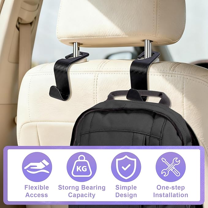 BFXM 6 Pack Car Seat Headrest Hooks, Back Seat Purse Hanger Holder Hook, Universal Storage Organizer for Handbag Grocery Bags Coats, Car Accessories for Women Men (Black Checkered)