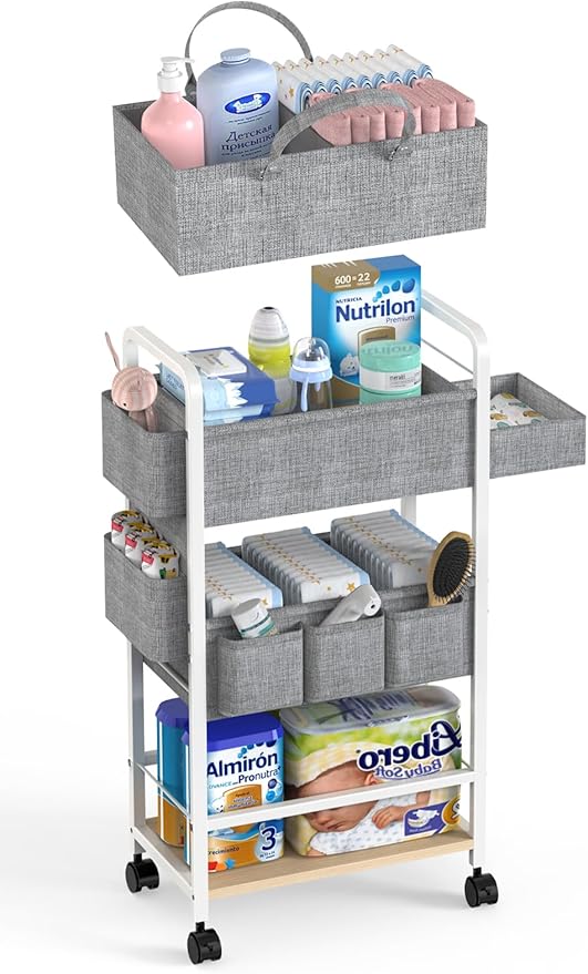 2In1 Diaper Caddy & 4-Tier Rolling Diaper Cart, Diaper Caddy Organizer Cart with Dividers & Drawer, Mobile Metal Bedside Cart for Baby Nursery Essentials Storage, Large Capacity, White