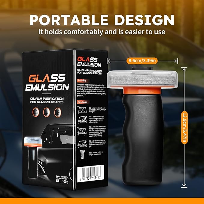 Glass Oil Film Remover for Car Windshield, Handheld Roll-On Glass Emulsion Cleaner with cleaning board, Removes Stubborn Oil Film & Grime for Improved Windshield Clarity for Safe Driving(3.5oz) (1)