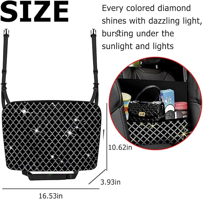 zipelo Bling Car Net Pocket Handbag Holder, Rhinestone Vehicle Backseat Purse Organizer Between Seats, Diamond Hanging Storage Bag Barrier of Pet Kids, Universal Automotive Accessories (White)
