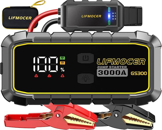 GS300 Car Jump Starter,3000A Portable Battery Jumper Starter for Up to 10.0L Gas & 8.0L Diesel Engines,59.2WH 12V Jump Box with Storage Case,USB Quick Charge,LCD Display,for Cars,Motorcycles,Trucks