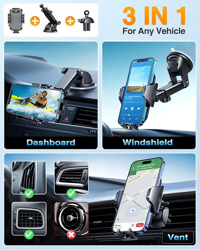 VANMASS Phone Holders for Your Car 2026 Upgraded Military-Grade Car Phone Holder【90+LBS Strongest Suction】Cell Phone Mount Truck Stand for Dashboard Windshield Vent for iPhone 17 Pro Max 16 15 Android
