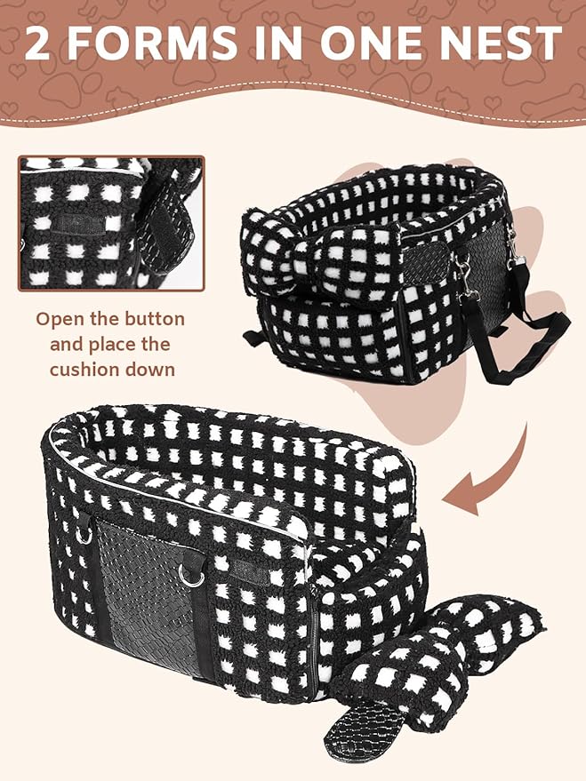 Prpeko Portable Dog & Cat Car Seat - Under 13 lbs, With Cozy Bow Neck Pillow (Grid-Black)