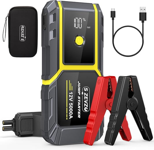 S ZEVZO H021 Car Jump Starter, Peak 5000A Jump Starter Battery Pack for Up to 10.0L Gas and 8.0L Diesel Engines, 12V Portable Jump Box with LCD Display, 3 Modes Flashlight and Protective Carrying Case