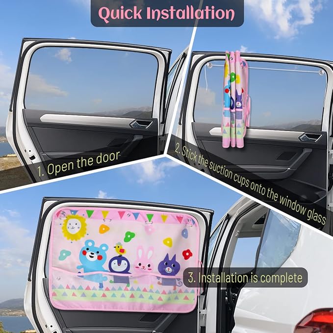 DIZA100 Car Sun Shade for Window Baby (2 Pack), Blackout Window Shades with Storage Net Pocket, 7 Suction Cups, Cute Patterns for Sun/Heat/UV Rays Block