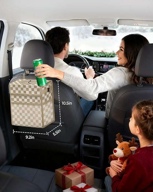 Corduroy Car Trash Can with Lid and Mesh Pockets - Leakproof Organizer,Multipurpose Waterproof Garbage Can/Trash Bin for Car(White Base with Khaki-2 Gallons)