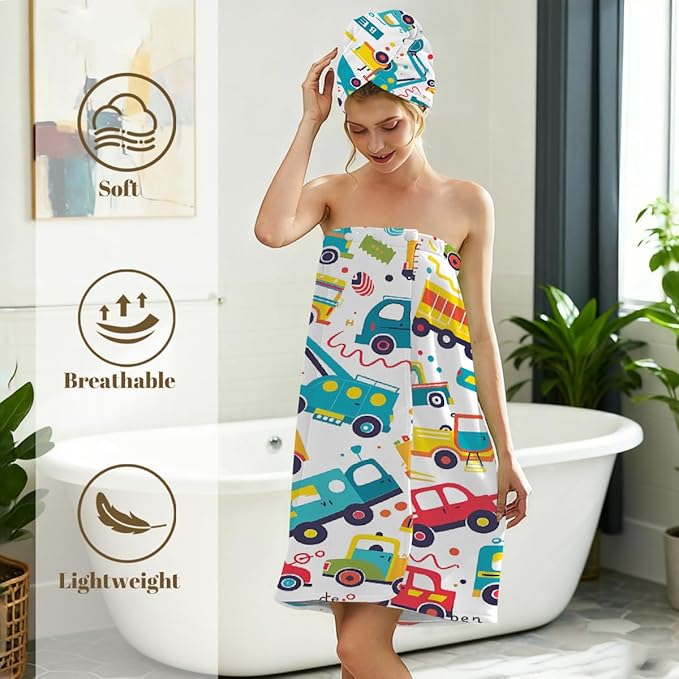 Women Bath Wrap Hair Towel Drying Cap Set Cartoon Colored Truck Cars Soft Absorbent Bathrobe Shower Wraps with Adjustable Closure Spa Bath Robe