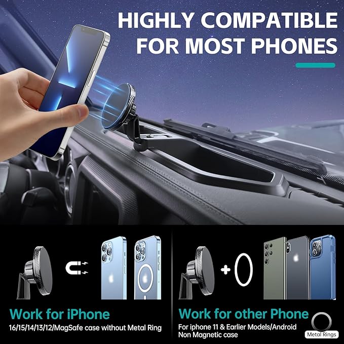 Magnetic Dash Phone Mount for 2018-2023 Jeep Wrangler JL JLU & Gladiator JT Accessories Multi-Mount Phone Holder Dashboard Storage Tray with Extra Clip Bracket, Not for Oil-Electric 4xe