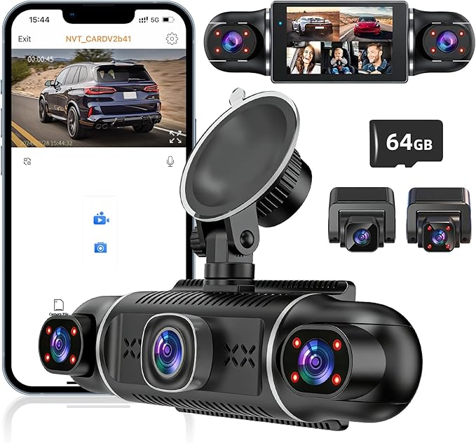 5 Channel 360° Dash Cam for Cars, 2160P/1080P UHD, Super Night Vision with IR LEDs, Built-in 5G WiFi, G-Sensor, 24H Parking Monitoring, 64GB TF Card Included, 3" Screen