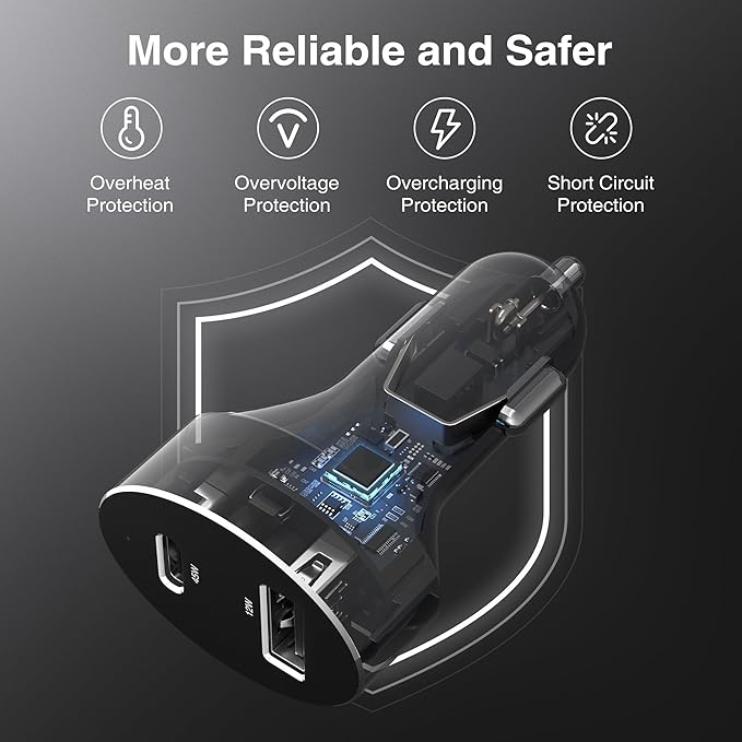 Nekteck USB-C Car Charger, 45W 2-Port USB-C Fast Charger [USB-IF Certified], PD 3.0 & QC 3.0 Output, Compatible with iPhone 17/16 Series, Galaxy S Series, MacBook Pro, and More (3.3ft Cable Included)