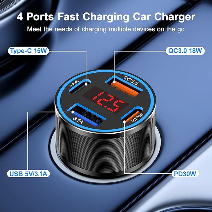 USB C Car Charger,2Pack 65W 4 Port Fast Charging Car Phone Charger with Voltage Display,Multi Port Cigarette Lighter Adapter USB Chargers for iPhone 17 16 15 14 Pro Max,Galaxy S25,iPad,Pixel,Android
