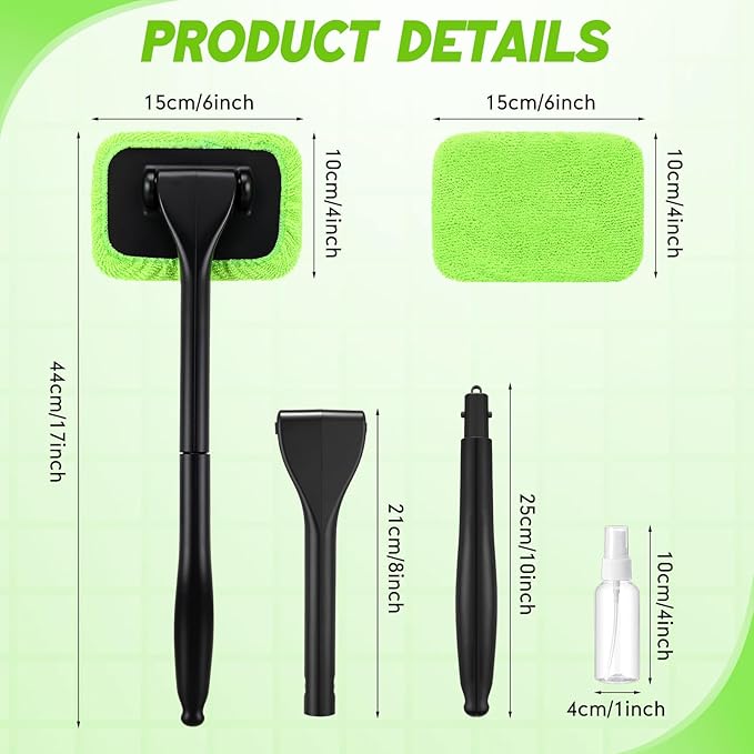 FoldTier 8 Pcs Car Windshield Cleaner Tool Kit with Removable Handle, Microfiber Towel Pads, Brush, Empty Spray Bottle for Auto Glass Wiper Suvs Rvs & Home Windows(Green)