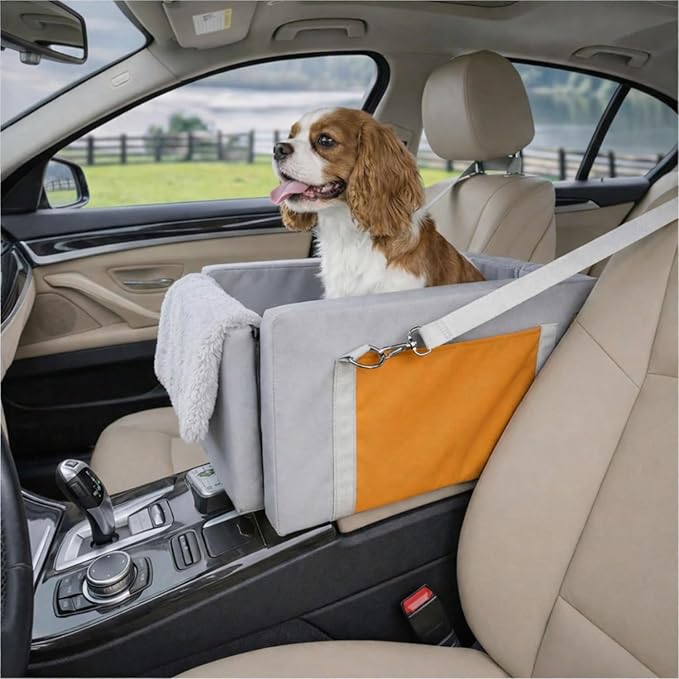 Avont Dog Car Seat for Small Dogs, Anti-Anxiety Center Console Booster Seat with Safety Straps, Soft Padded Travel Seat for Small Dogs & Cats up to 8 lbs -Light Grey