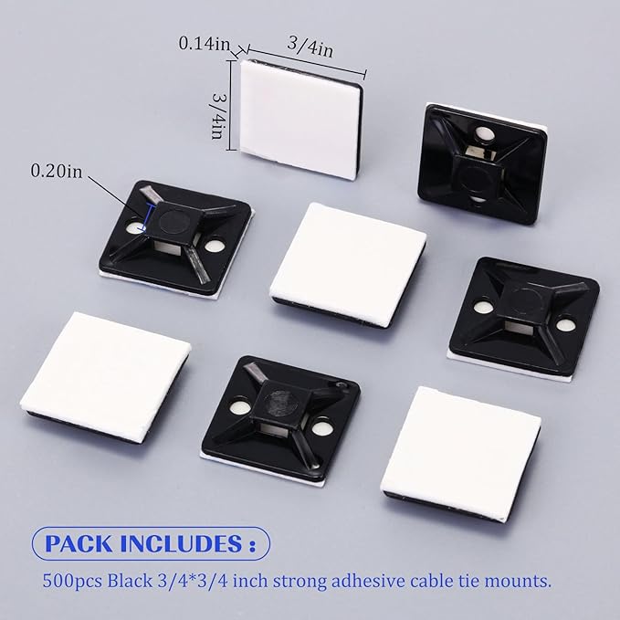 500 Pcs 3/4 Inch Black Self Adhesive Cable Zip Tie Mounts Wires Zip Tie Mounting Base Holders Management Anchors Organizer Holders for Indoor & Outdoor Cable Organization