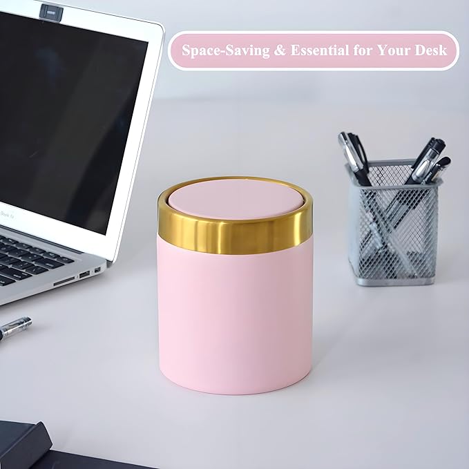 Pink Mini Countertop Trash Can with Lid – Metal Tiny Makeup Vanity Swing-Top Waste Bin, 1.5 L / 0.40 Gal
