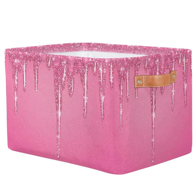 Pink Sparkly Storage Baskets for Organizing, Fabric Collapsible Storage Bins Box Pink Glitter Decorative Toy Organizer Baskets for Closet Shelves Gift Basket 1 Pc