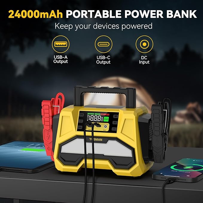 Jump Starter with Air Compressor, 9000A 150PSI Car Jump Starter, 24000mAh Portable Jump Starter Pack(All Gas/12.0L Diesel), 12V Battery Jump Starter with Display, USB Port, 2 LED Light