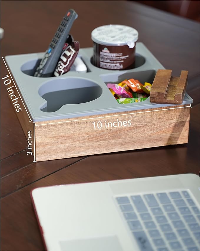 Couch Cup Holder Tray, Soft Food Grade Silicone Acacia Wooden Couch Caddy for Bed Car Seat Beach Organizer, Waterproof Anti-Spill Couch Drink Holder for Snacks Beverage Remote (Black)