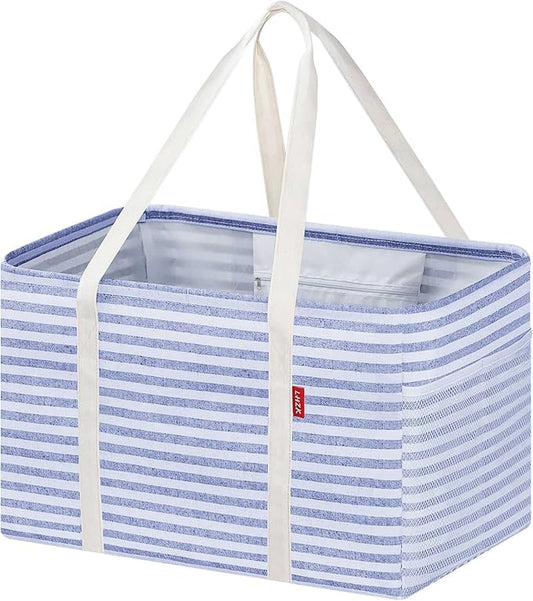 LHZK Standing Utility Tote Bag with Metal Wire Frame and the Sides Rinforced, Large Tote Bag with Handle, Reusable Grocery Bags Foldable, Beach Bag, Car Tote (Blue, 18.5''x11.8''x11.5'')