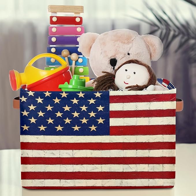 Usa Flag Storage Baskets for Organizing, Fabric Collapsible Storage Bins Box Vintage American Flag Decorative Toy Organizer Baskets for Closet Shelves Gift Basket 2Pcs