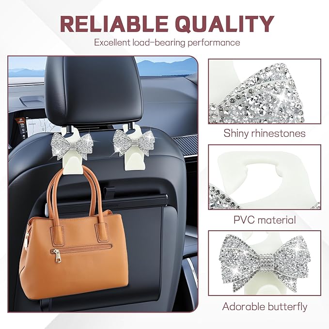 2PCS Bling Bow Car Seat Headrest Hook, Cute Bow Purse Hanger for Cars, Crystal Rhinestone Auto Seat Back Storage Hanging Hooks for Handbag Umbrella Coat Grocery Bags, Car Accessories (White)