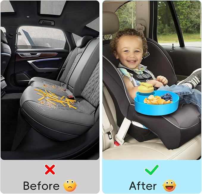 Car Seat Snack Tray for Kids: Kids Car Travel Tray with Cup Holder, Toddlers Road Trip Essential, Snacks Food Plate for Stroller, SnackTray with a Cup Holder (2, Sky Blue)