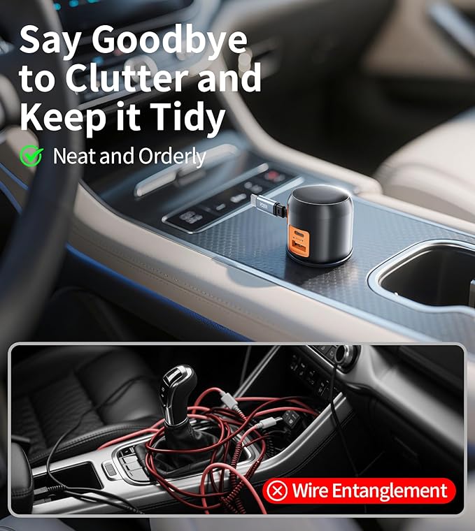 XXZU 60W 3 in 1 Retractable Car Charger, USB C & USB A 3-Port Cigarette Lighter Adapter,Fast Charging Charger Compatible with iPhone 17/16/15/14/13/12/11,iPad,Galaxy,Pixel,Android