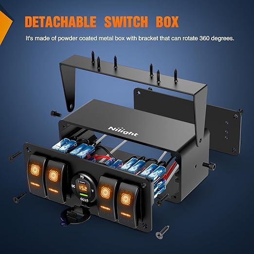 Nilight 4 Gang Rocker Switch Box 12V SPST ON Off Toggle Switches PD Type C and QC 3.0 USB Sockcet Voltmeter Orange LED Light Waterproof Aluminum Mount Bracket Panel DIY Stickers for Boat Car RV Truck