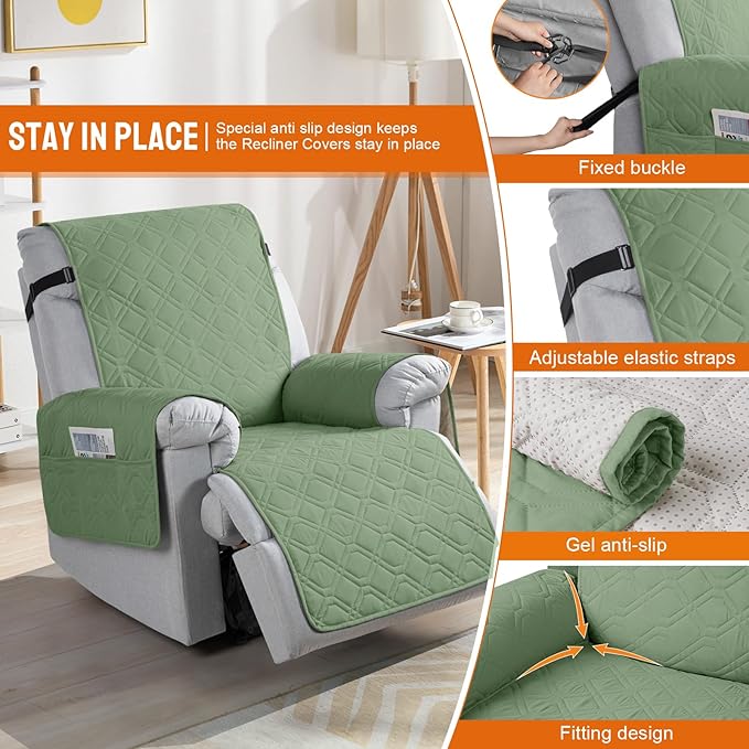 VANSOFY 100% Waterproof Recliner Chair Covers, Recliner Cover Non-Slip Dog Chair Cover Furniture Protector Washable Slipcover with Pocket, Elastic Straps for Pets, Dogs(Bean Green, 25")