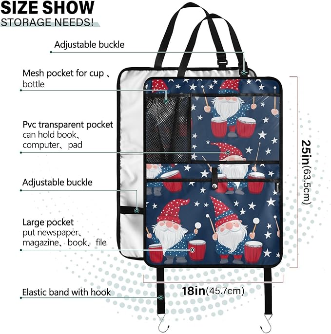 July 4th Gnomes Drum Dark Blue 2 Pack Backseat Car Organizer with Storage Pockets Seat Back Organizers for Kids Kick Mats Backseat Protector Automotive