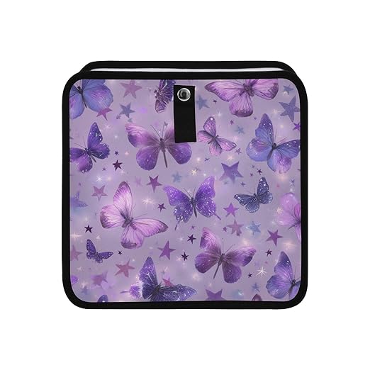 Car Trash Can Organizer Bin with Adjustable Strap for Back Front Seat Console Waterproof Leakproof Collapsible Portable 8.66 Inch Purple Dreamy Butterflies and Stars