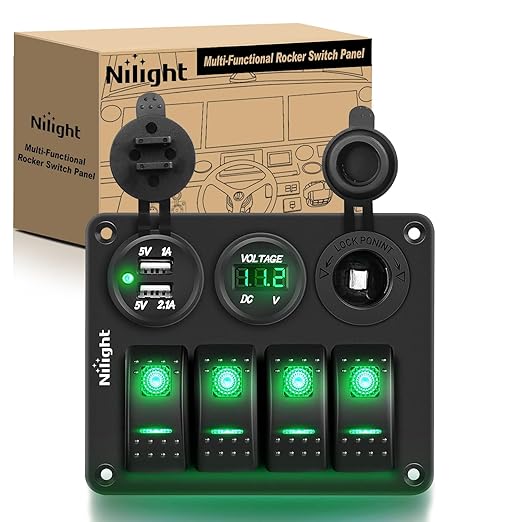 Nilight 4Gang Rocker Switch Panel with USB Charger Voltmeter and Cigar Lighter 12V 24V Toggle ON Off Green Night Glow Stickers for Cars Rvs Trucks