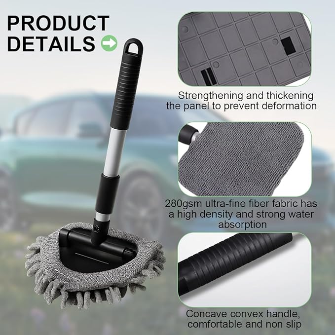Car Windshield Cleaning Tool, Vehicle Window Cleaner with 3 Reusable Pads & Extendable Handle, Automotive Glass Wiper Wash Kit for Interior Exterior, Universal for Vehicles (Triangular)