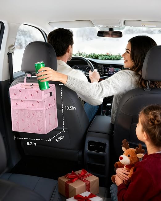 Corduroy Car Trash Can with Lid and Mesh Pockets - Leakproof Organizer,Multipurpose Waterproof Garbage Can/Trash Bin for Car(Pink Base with Red Strawberry Print -2 Gallons)
